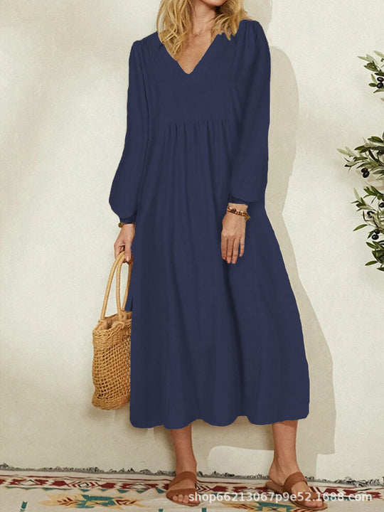 Damen leichtes Maxikleid mit V-Ausschnitt und ballonähnlichen Ärmeln Heidi-Mode