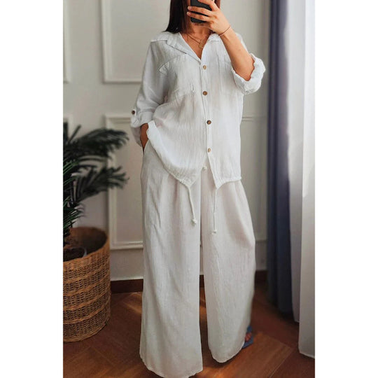 Damen Leinen-Set mit weiten Hosen undlässiger Bluse Heidi-Mode