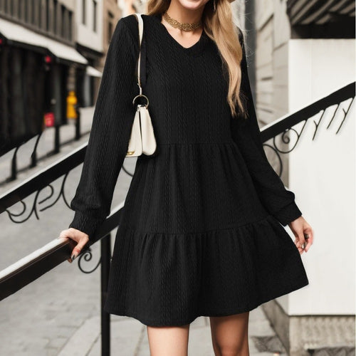 Damen lässiges V-Ausschnitt Kleid mit voluminösem Saum und langen Ärmeln Heidi-Mode