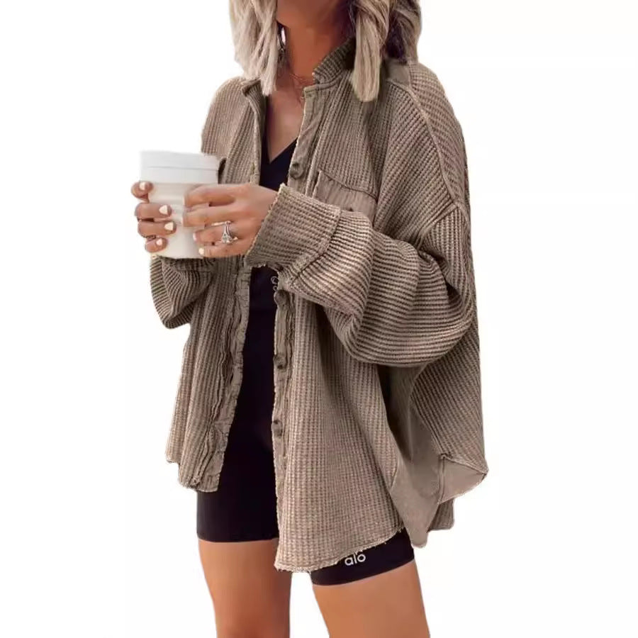 Damen oversized Waffelstruktur Hemdjacke Heidi-Mode