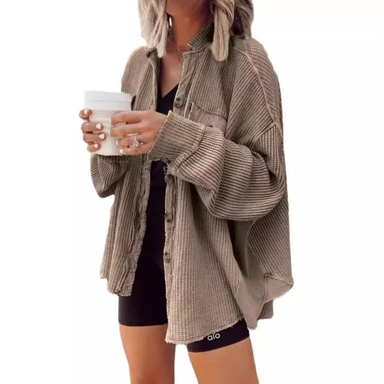 Damen oversized Waffelstruktur Hemdjacke Heidi-Mode
