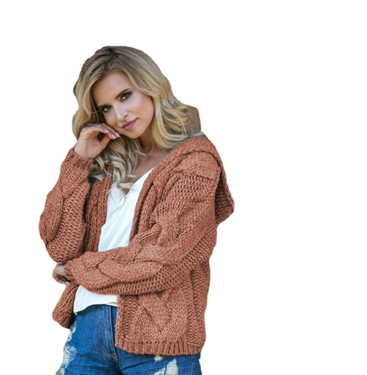 Damen Strickjacke mit Kapuze und modernem Zopfmuster Heidi-Mode