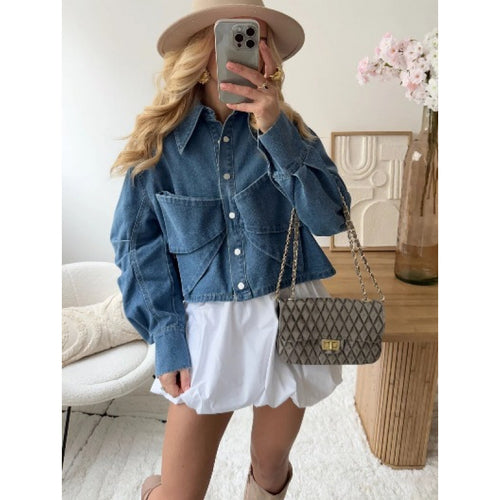 Damen stylische cropped Denimjacke mit praktischen Taschen Heidi-Mode