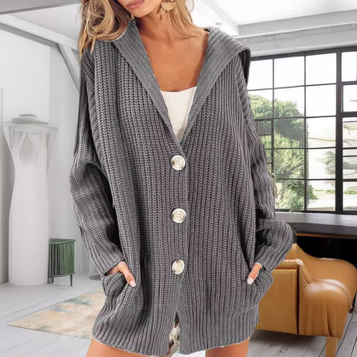 Damen Strickjacke mit Kapuze und großen Taschen Heidi-Mode