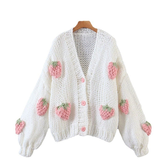 Damen Strickjacke mit Erdbeerapplikationen und Knopfverschluss Heidi-Mode