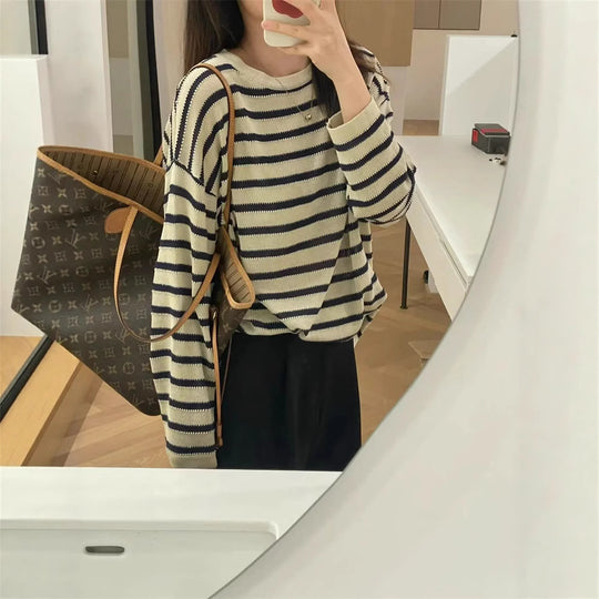 Damen Modischer Strickpullover mit maritimem Streifenmuster und lässigem Schnitt Heidi-Mode
