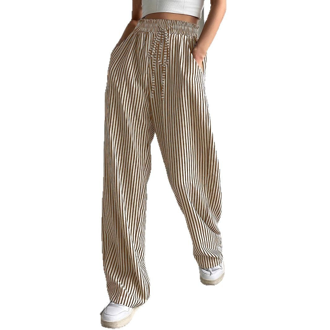 Damen Weit geschnittene Streifenhose mit elastischem Bund und Taschen Heidi-Mode