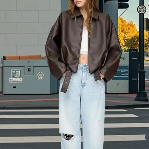 Damen Oversized Kunstlederjacke mit flauen Schultern und praktischen Druckknöpfen Heidi-Mode