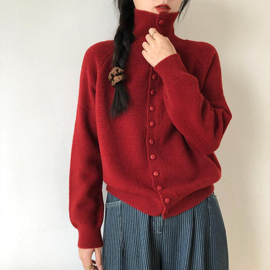 Damen Strickjacke mit modernem Rollkragen und Knopfdetails Heidi-Mode