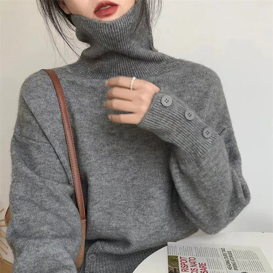 Damen Rollkragenpullover mit Knopfdetails und lässigem Schnitt Heidi-Mode