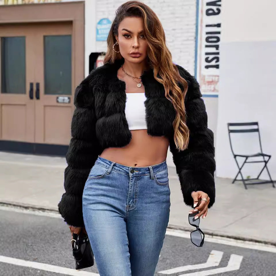 Damen Flauschige Kurzmantel aus Kunstfell mit puffartigen Ärmeln Heidi-Mode