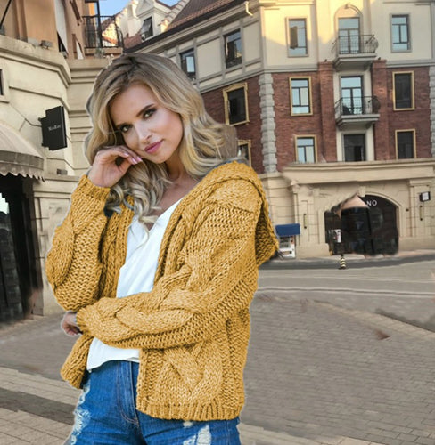 Damen Strickjacke mit Kapuze und modernem Zopfmuster Heidi-Mode