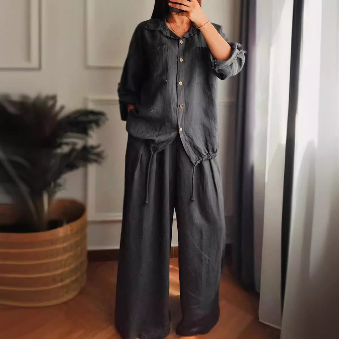 Damen Leinen-Set mit weiten Hosen undlässiger Bluse Heidi-Mode