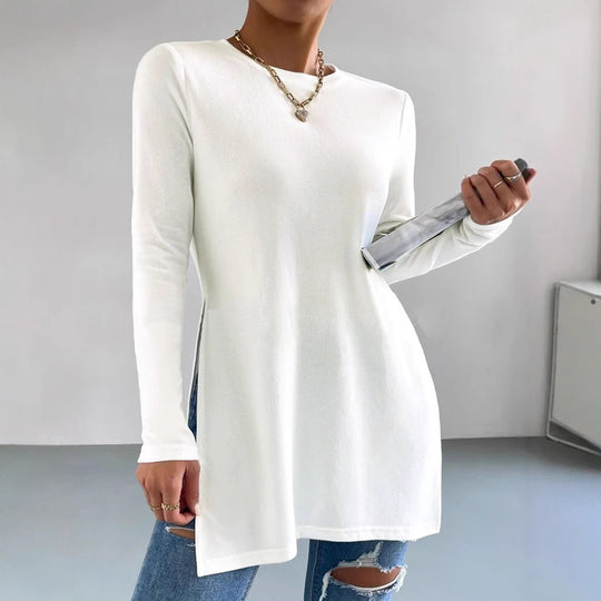 Damen Oversized Longsleeve mit seitlichen Schlitzen und Rundhalsausschnitt Heidi-Mode