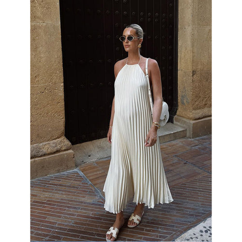 Damen Plissiertes Maxikleid mit elegantem Halterneck Heidi-Mode