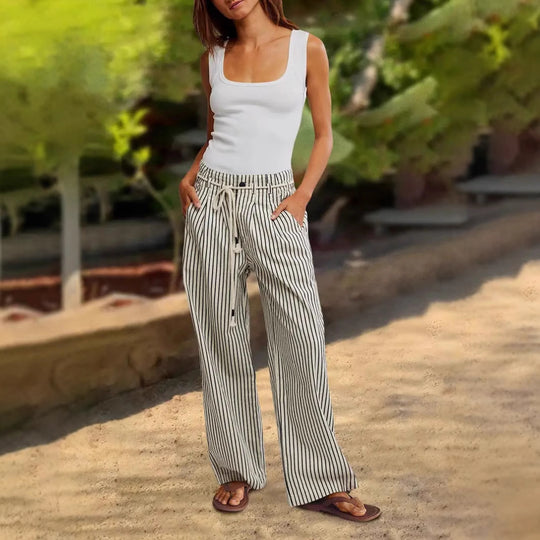 Damen Bequeme Strandhose mit lässigem Streifenmuster und geflochtenem Bund Heidi-Mode