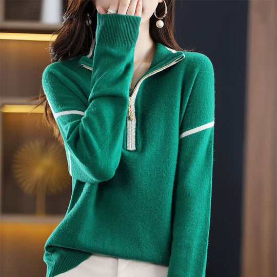 Damen Pullover mit halbem Reißverschluss und feinem Strukturstrick Heidi-Mode