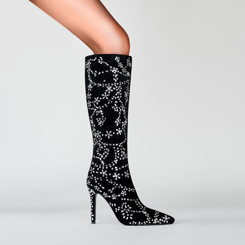Femme Verziehrte Wildleder Spitz-Zeh Stiletto Kniehohe Stiefel Heidi-Mode