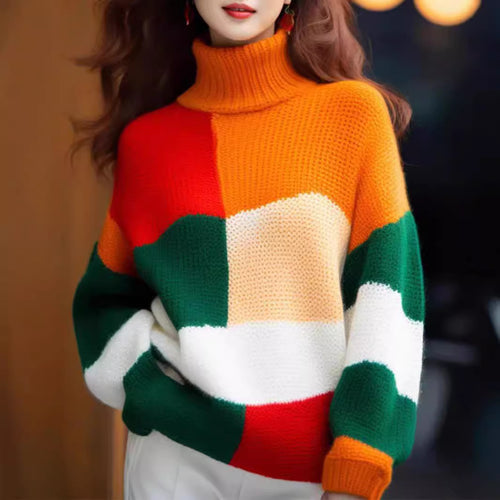 Damen Grobstrickpullover mit hohem Kragen und buntem Farbblockdesign Heidi-Mode
