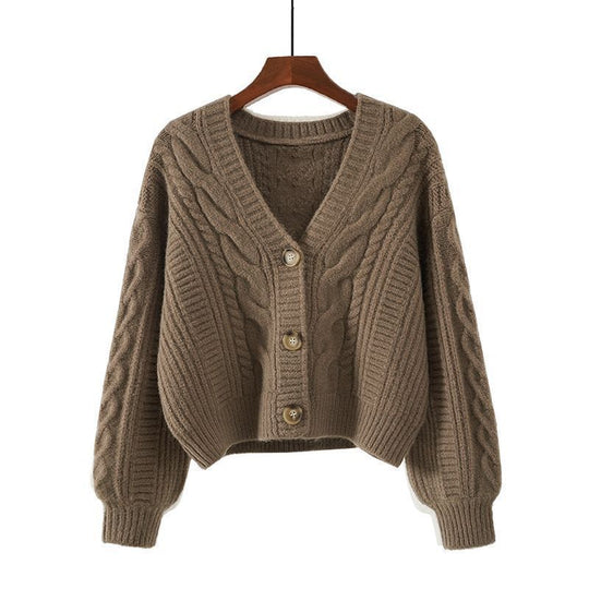 Damen Strickjacke mit ausgefallenem Zopfmuster und tiefem V-Ausschnitt Heidi-Mode