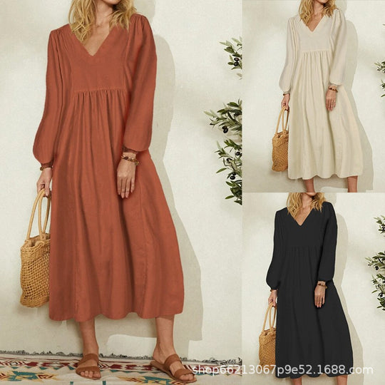 Damen leichtes Maxikleid mit V-Ausschnitt und ballonähnlichen Ärmeln Heidi-Mode