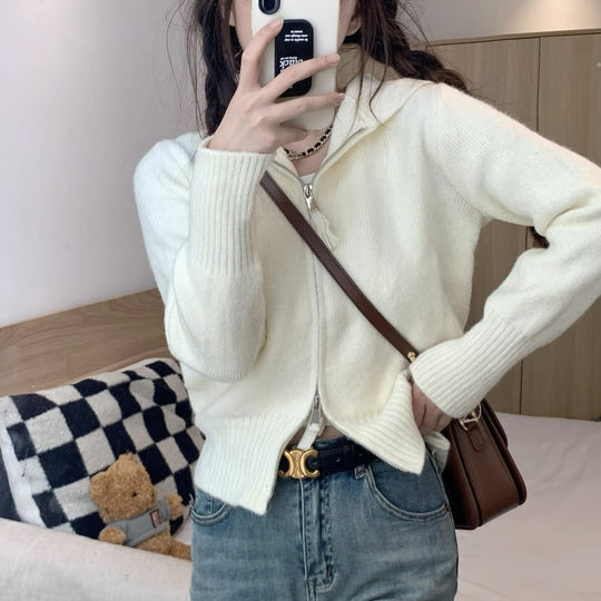 Damen Strickjacke mit hohem Kragen und Reißverschluss Heidi-Mode