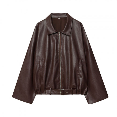 Damen modische Kunstlederjacke mit breiten Ärmeln und praktischen Taschen Heidi-Mode