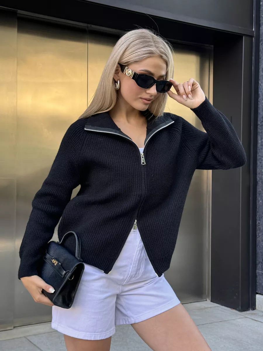 Damen Pullover mit hochschließendem Reißverschluss und strukturiertem Maschenmuster Heidi-Mode
