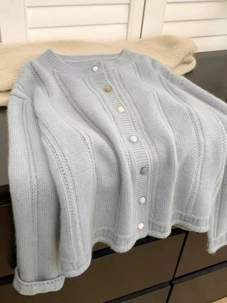 Damen Strickjacke mit dekorativem Rippdesign und Knopfverschluss Heidi-Mode