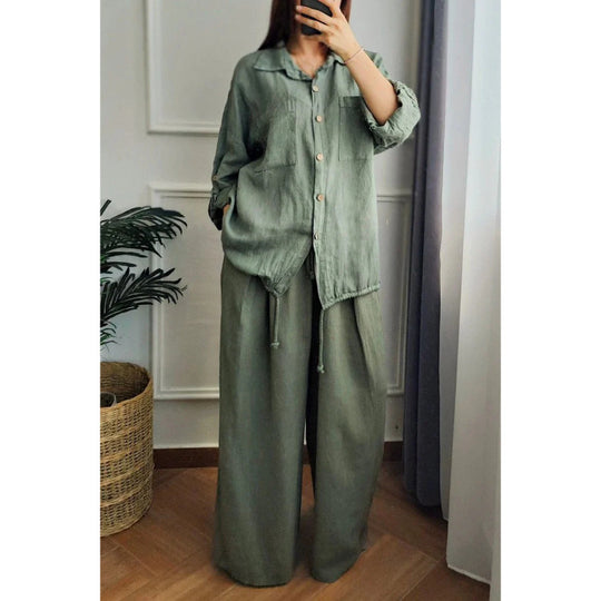 Damen Leinen-Set mit weiten Hosen undlässiger Bluse Heidi-Mode