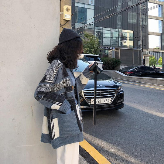 Damen Modischer Oversized Cardigan mit Karomuster Heidi-Mode