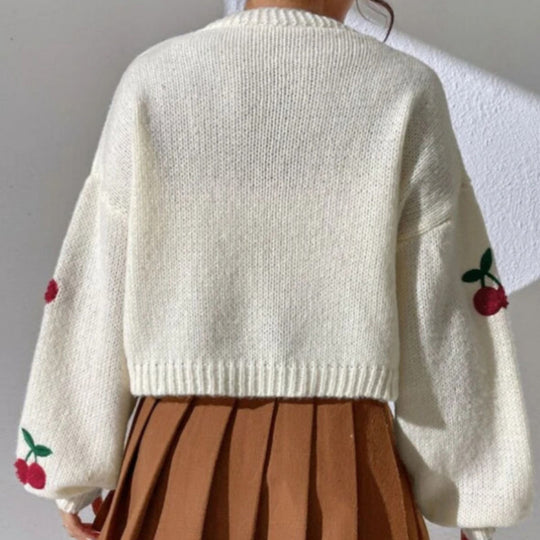 Damen Strickjacke mit floralem Kirschmotiv Heidi-Mode