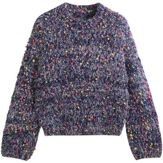 Damen modischer Pullover mit buntem Strukturstrick und Rundhalsausschnitt Heidi-Mode