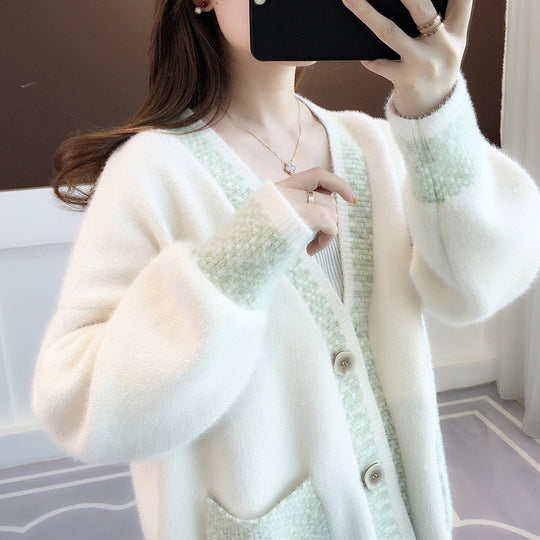 Damen Strickjacke mit modernem Farbkontrast und großen Taschen Heidi-Mode