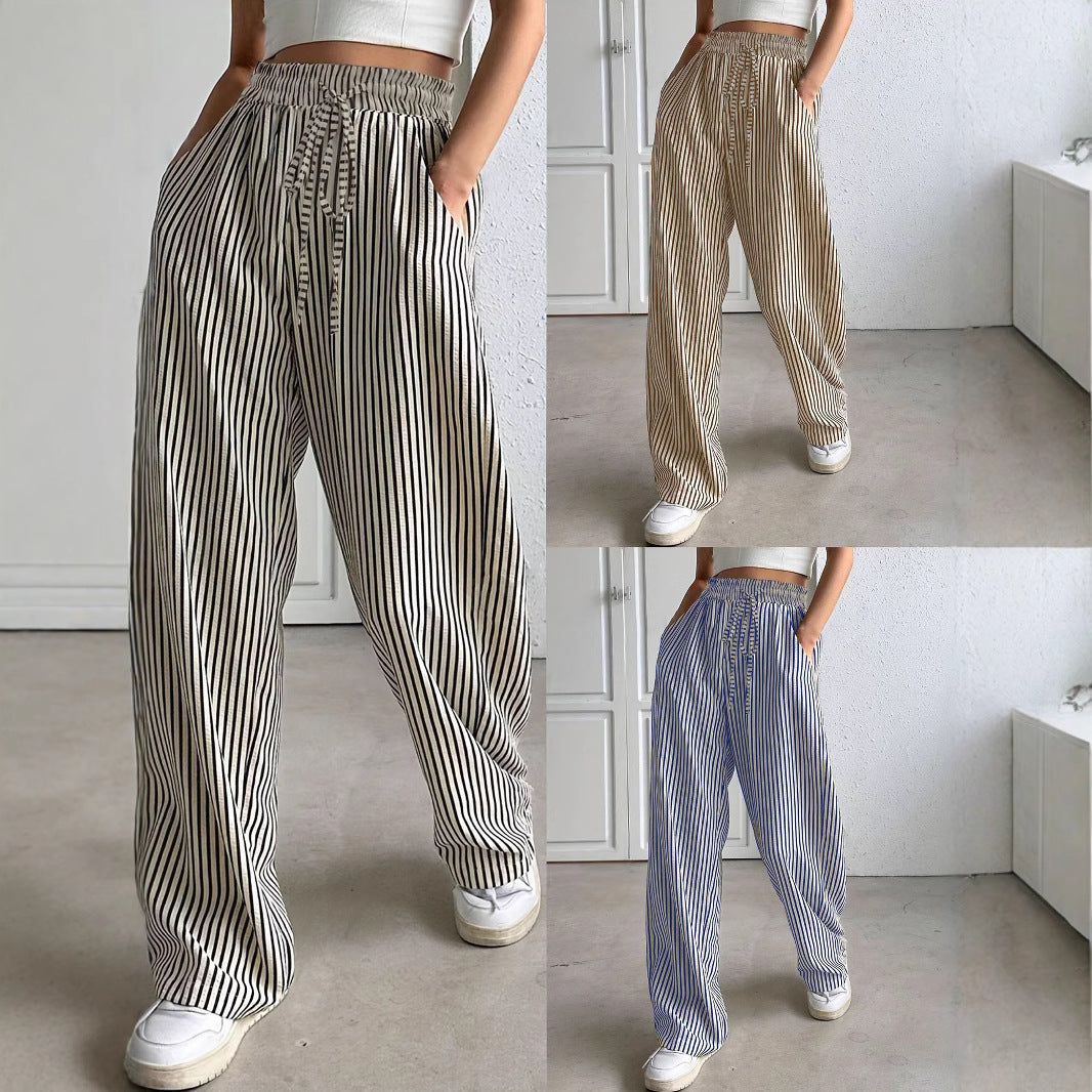Damen Weit geschnittene Streifenhose mit elastischem Bund und Taschen Heidi-Mode