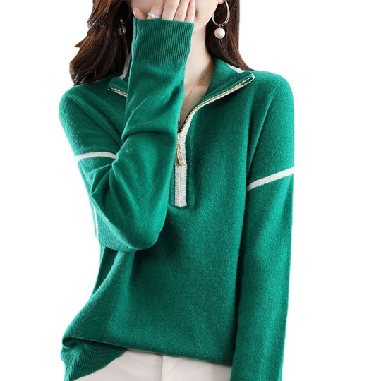 Damen Pullover mit halbem Reißverschluss und feinem Strukturstrick Heidi-Mode