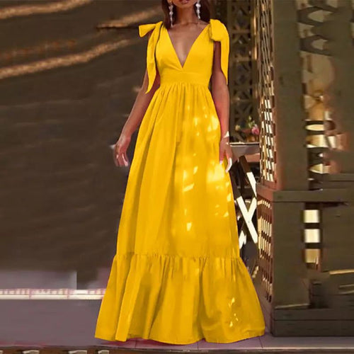 Damen Maxikleid mit tiefem V-Ausschnitt und verspielten Schleifen Heidi-Mode