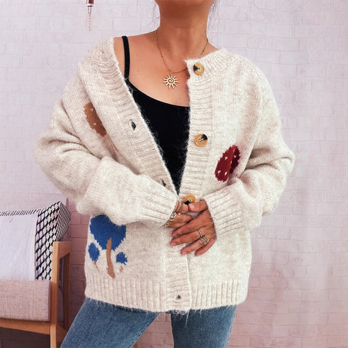 Damen Strickjacke mit buntem Pilzmotiv und Knopfdetails Heidi-Mode