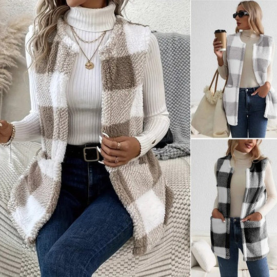 Damen Weicher Plaid-Weste mit seitlichen Taschen und gemütlichem Schnitt Heidi-Mode