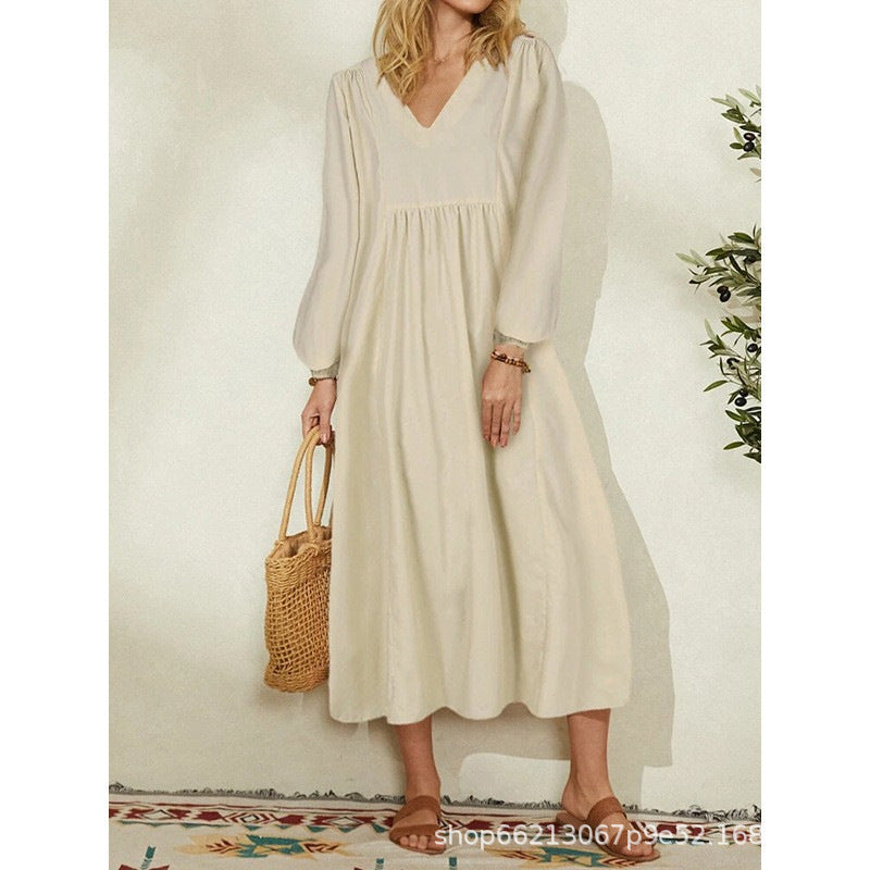 Damen leichtes Maxikleid mit V-Ausschnitt und ballonähnlichen Ärmeln Heidi-Mode