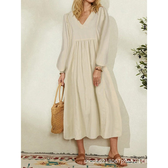 Damen leichtes Maxikleid mit V-Ausschnitt und ballonähnlichen Ärmeln Heidi-Mode