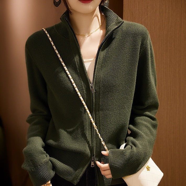 Damen Strickjacke mit hohem Kragen und durchgehendem Reißverschluss Heidi-Mode