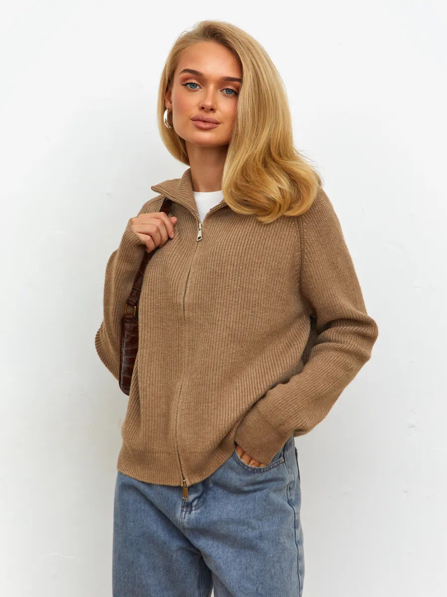 Damen Pullover mit hochschließendem Reißverschluss und strukturiertem Maschenmuster Heidi-Mode