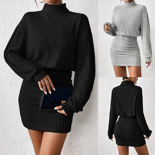 Damen Strickkleid mit hohem Kragen und Rippstruktur Heidi-Mode