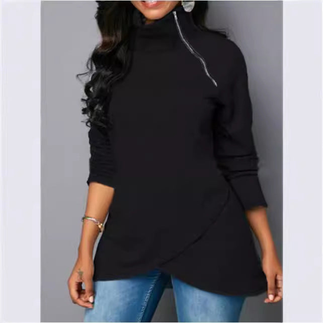 Damen Rundhals Shirt mit hoher Kragen und Reißverschluss Heidi-Mode