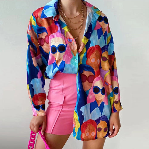 Damen Oversized Bluse mit buntem Grafikdruck Heidi-Mode