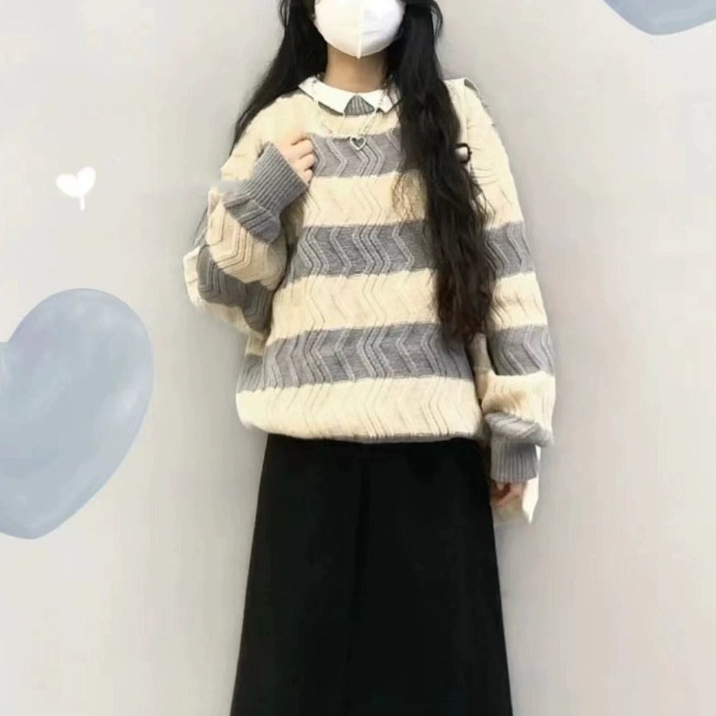 Damen Modischer Strickpullover mit strukturiertem Wellenmuster Heidi-Mode