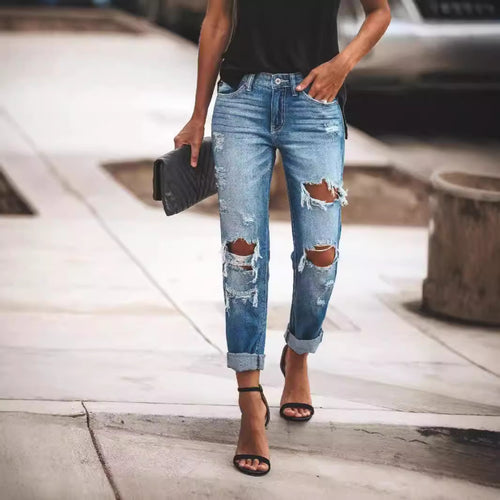 Damen Ripped Boyfriend Jeans mit lässigem Schnitt und fransigen Elementen Heidi-Mode