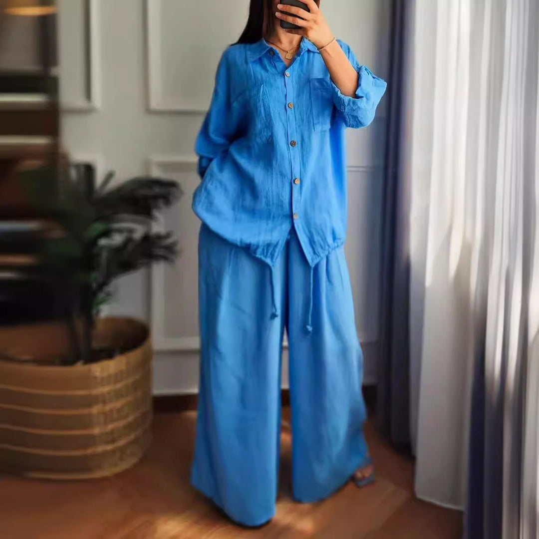 Damen Leinen-Set mit weiten Hosen undlässiger Bluse Heidi-Mode