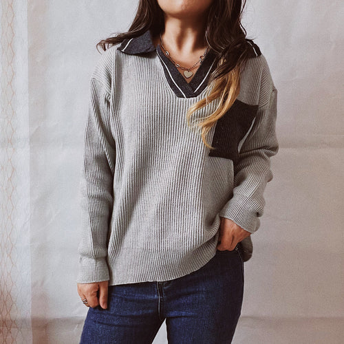 Damen lässiger V-Ausschnitt Pullover mit strukturiertem Rippdesign und kontrastierendem Kragen Heidi-Mode